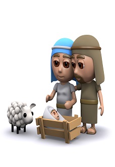 Mary and Joseph look over baby Jesus in a manger